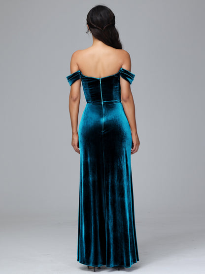 Off Shoulder Velvet Bridesmaid Dress With Slit