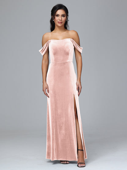 Off Shoulder Velvet Bridesmaid Dress With Slit