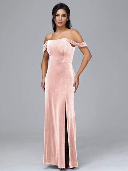 Off Shoulder Velvet Bridesmaid Dress With Slit