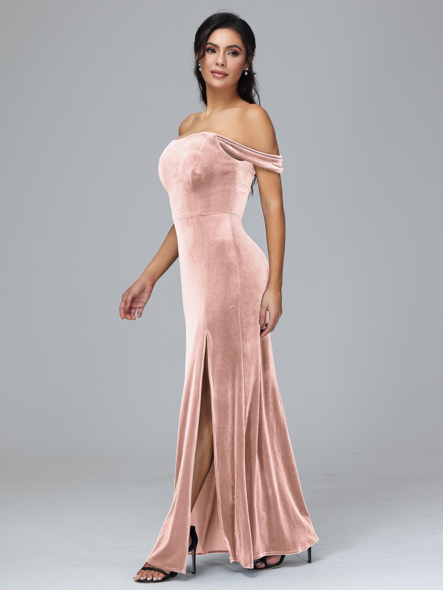 Off Shoulder Velvet Bridesmaid Dress With Slit