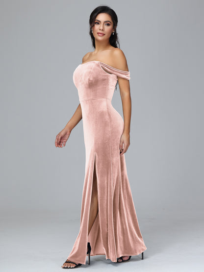 Off Shoulder Velvet Bridesmaid Dress With Slit