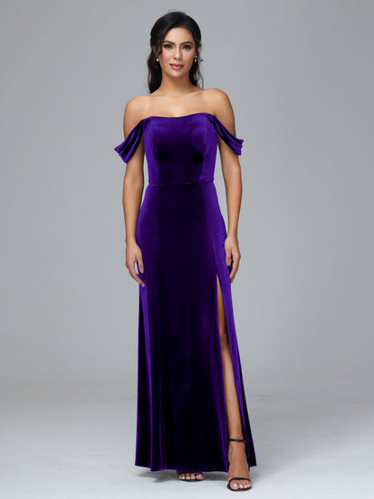 Off Shoulder Velvet Bridesmaid Dress With Slit