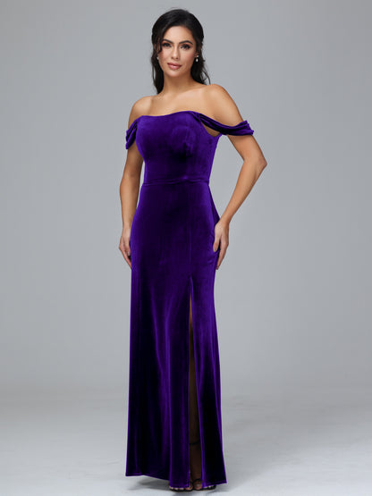 Off Shoulder Velvet Bridesmaid Dress With Slit