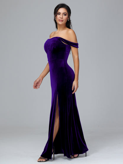 Off Shoulder Velvet Bridesmaid Dress With Slit
