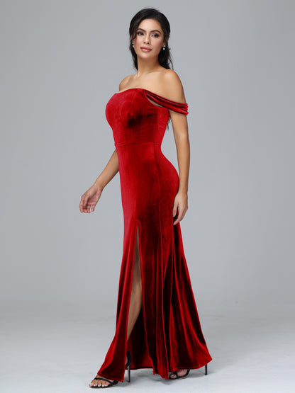Off Shoulder Velvet Bridesmaid Dress With Slit
