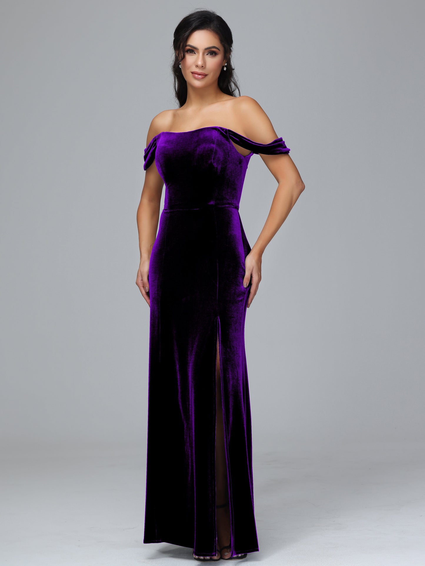 Off Shoulder Velvet Bridesmaid Dress With Slit