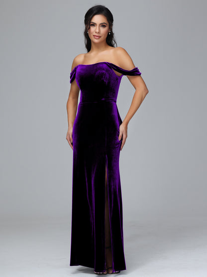 Off Shoulder Velvet Bridesmaid Dress With Slit