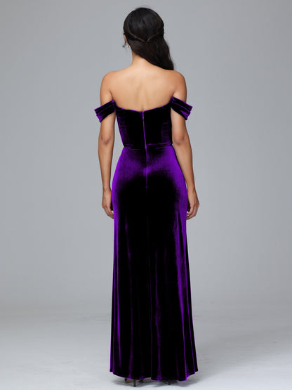 Off Shoulder Velvet Bridesmaid Dress With Slit