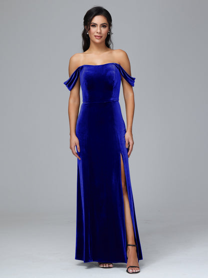 Off Shoulder Velvet Bridesmaid Dress With Slit