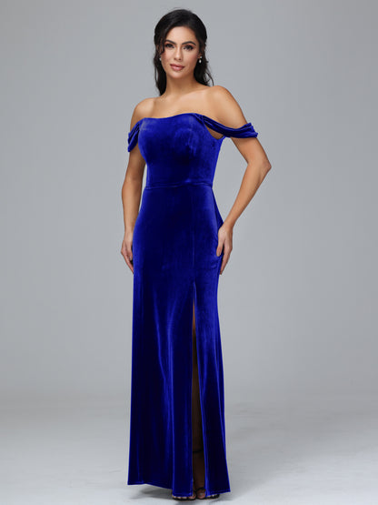 Off Shoulder Velvet Bridesmaid Dress With Slit