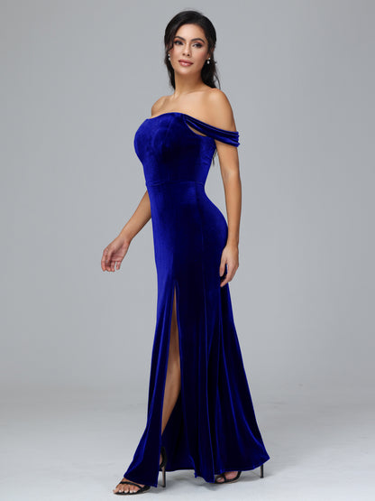Off Shoulder Velvet Bridesmaid Dress With Slit
