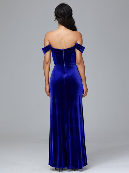Off Shoulder Velvet Bridesmaid Dress With Slit