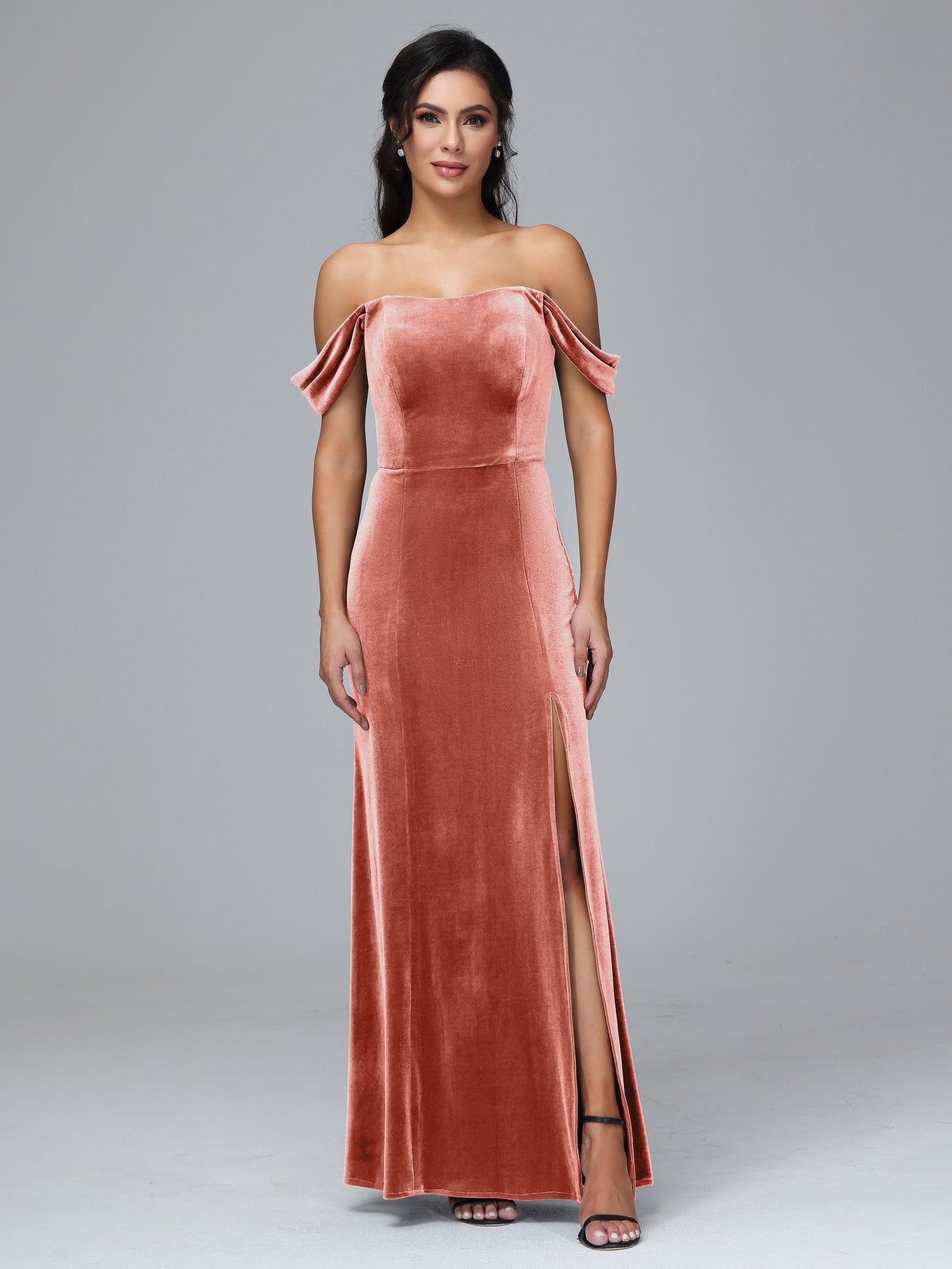 Off Shoulder Velvet Bridesmaid Dress With Slit