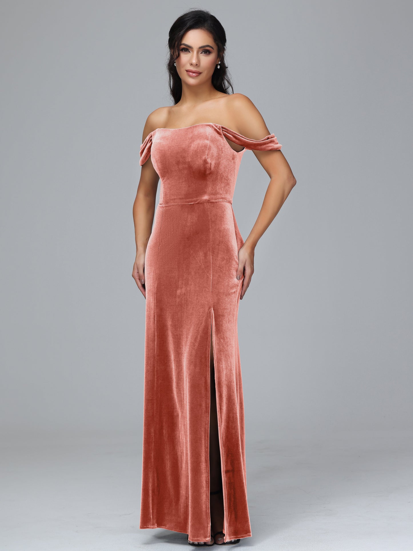 Off Shoulder Velvet Bridesmaid Dress With Slit