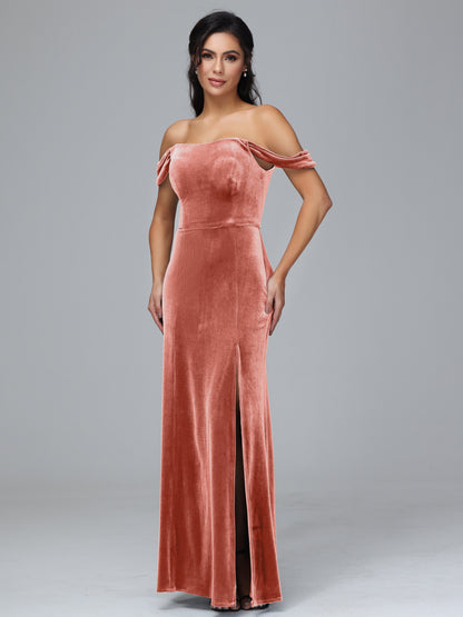Off Shoulder Velvet Bridesmaid Dress With Slit
