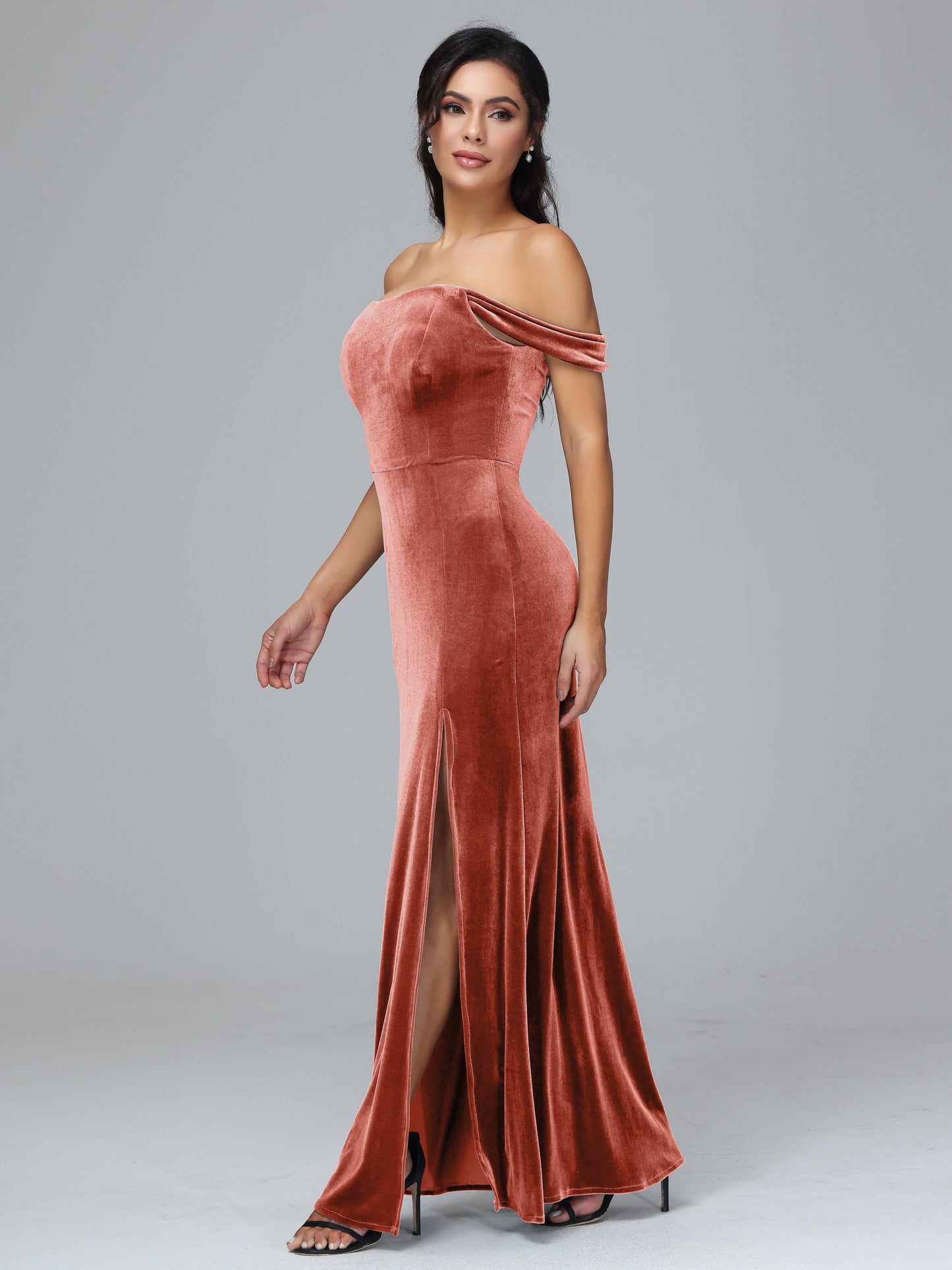 Off Shoulder Velvet Bridesmaid Dress With Slit