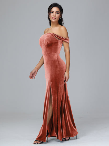 Off Shoulder Velvet Bridesmaid Dress With Slit