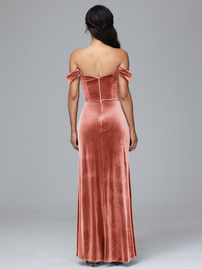 Off Shoulder Velvet Bridesmaid Dress With Slit
