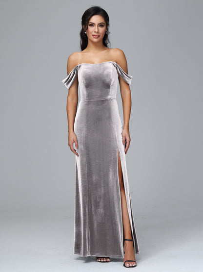 Off Shoulder Velvet Bridesmaid Dress With Slit