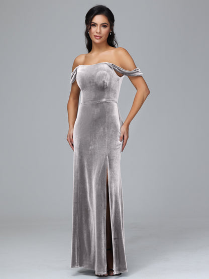 Off Shoulder Velvet Bridesmaid Dress With Slit