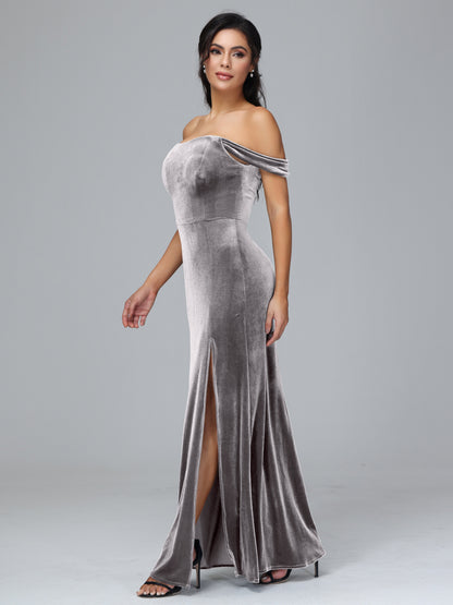 Off Shoulder Velvet Bridesmaid Dress With Slit