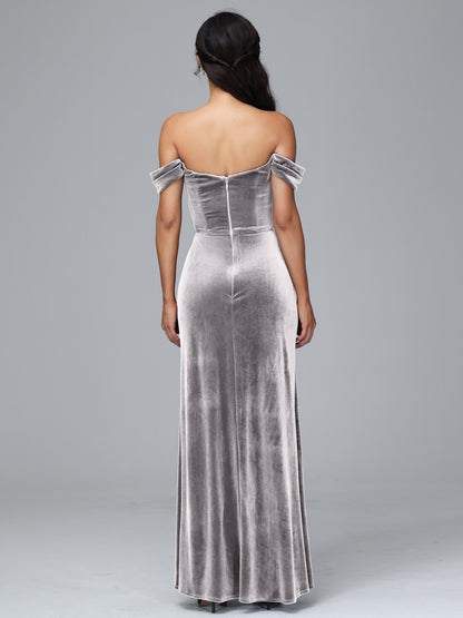 Off Shoulder Velvet Bridesmaid Dress With Slit