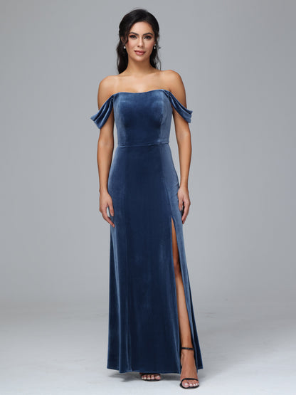 Off Shoulder Velvet Bridesmaid Dress With Slit