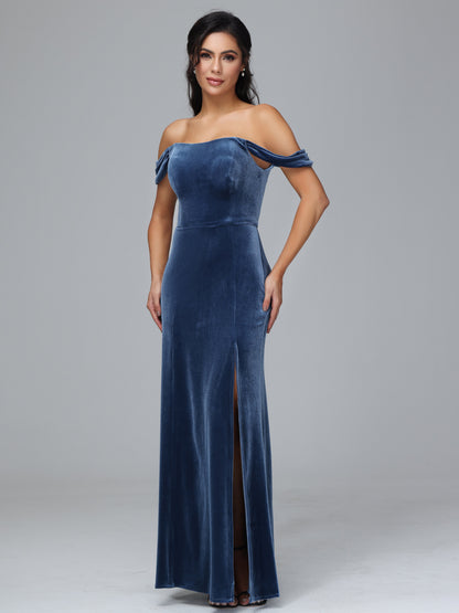 Off Shoulder Velvet Bridesmaid Dress With Slit