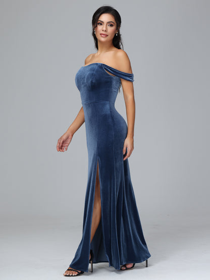 Off Shoulder Velvet Bridesmaid Dress With Slit