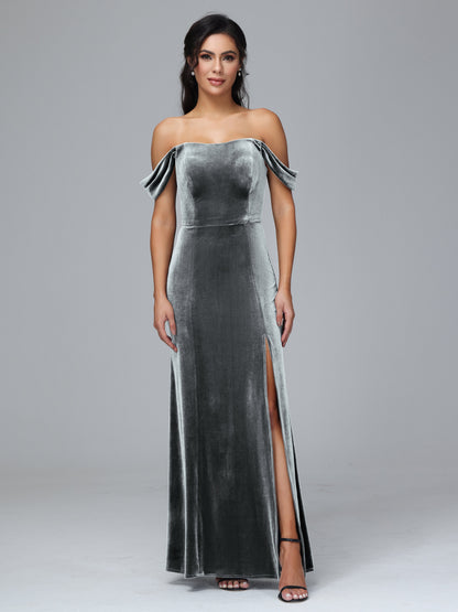 Off Shoulder Velvet Bridesmaid Dress With Slit