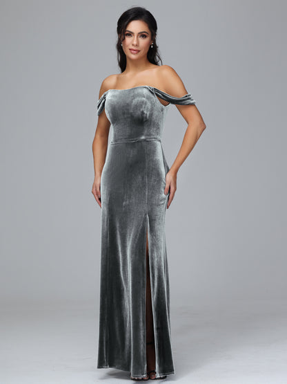 Off Shoulder Velvet Bridesmaid Dress With Slit
