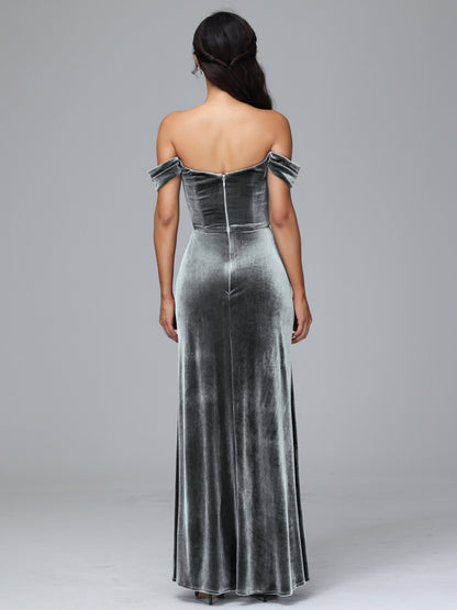 Off Shoulder Velvet Bridesmaid Dress With Slit