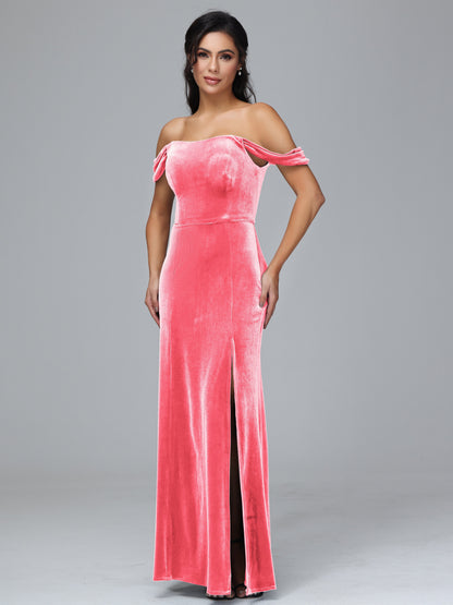 Off Shoulder Velvet Bridesmaid Dress With Slit