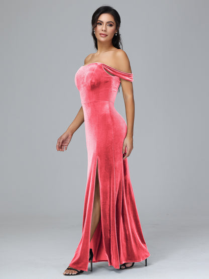 Off Shoulder Velvet Bridesmaid Dress With Slit