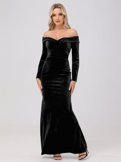 Off the Shoulder Sheath Long Sleeves Velvet Bridesmaid Dresses