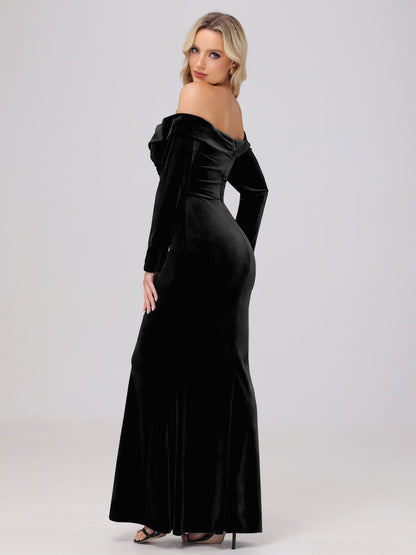Off the Shoulder Sheath Long Sleeves Velvet Bridesmaid Dresses