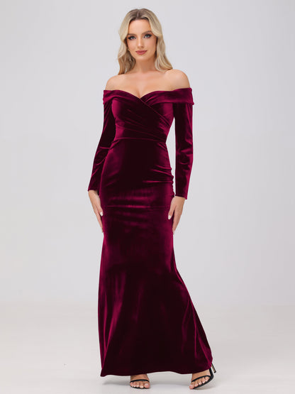 Off the Shoulder Sheath Long Sleeves Velvet Bridesmaid Dresses