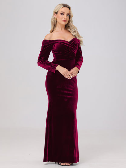 Off the Shoulder Sheath Long Sleeves Velvet Bridesmaid Dresses