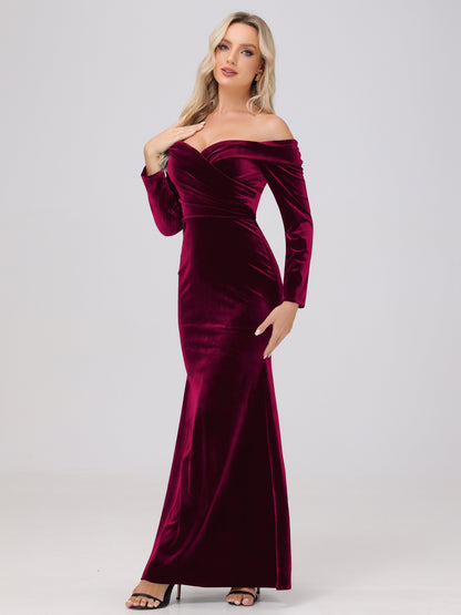Off the Shoulder Sheath Long Sleeves Velvet Bridesmaid Dresses