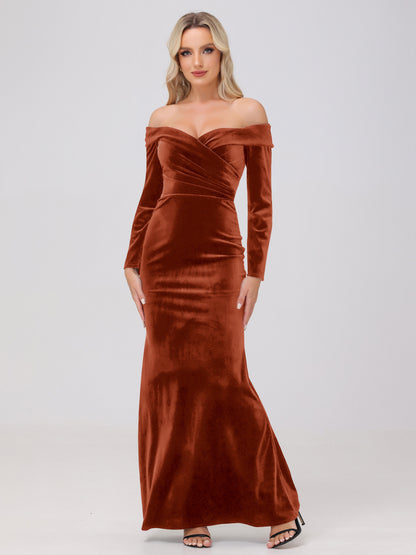 Off the Shoulder Sheath Long Sleeves Velvet Bridesmaid Dresses