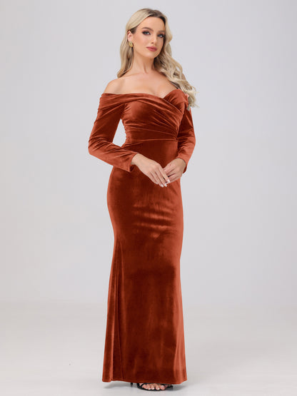 Off the Shoulder Sheath Long Sleeves Velvet Bridesmaid Dresses