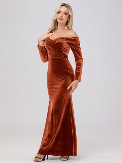 Off the Shoulder Sheath Long Sleeves Velvet Bridesmaid Dresses