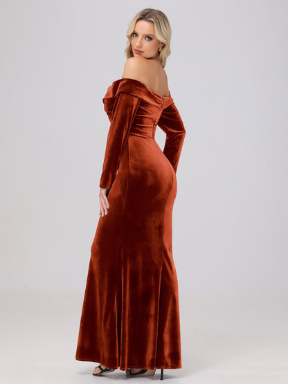 Off the Shoulder Sheath Long Sleeves Velvet Bridesmaid Dresses