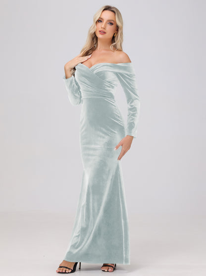 Off the Shoulder Sheath Long Sleeves Velvet Bridesmaid Dresses