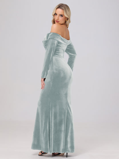 Off the Shoulder Sheath Long Sleeves Velvet Bridesmaid Dresses