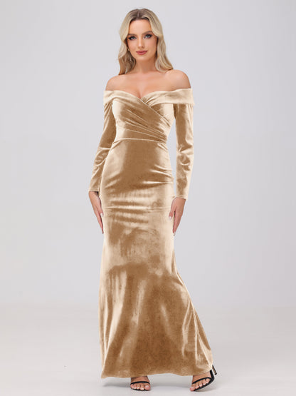 Off the Shoulder Sheath Long Sleeves Velvet Bridesmaid Dresses