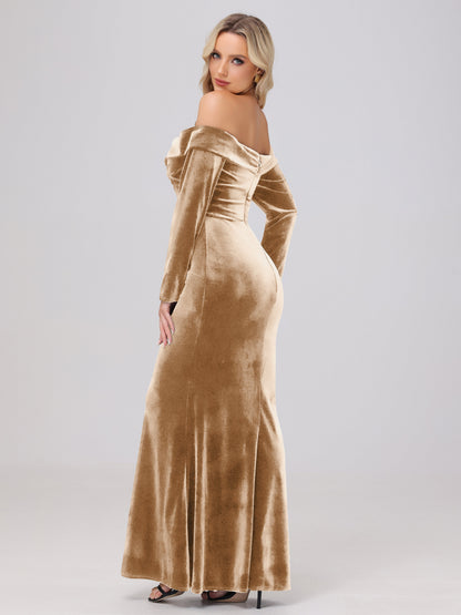 Off the Shoulder Sheath Long Sleeves Velvet Bridesmaid Dresses