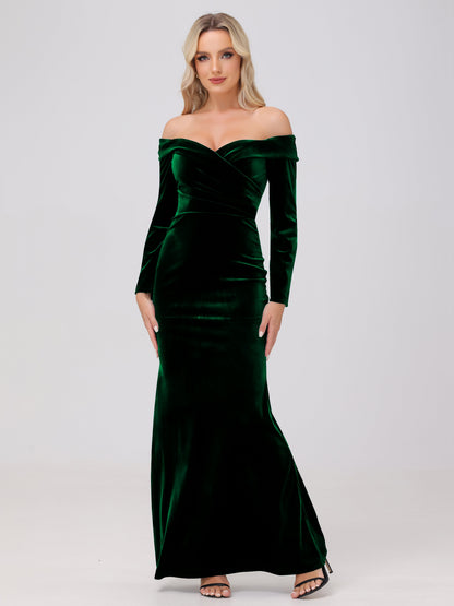 Off the Shoulder Sheath Long Sleeves Velvet Bridesmaid Dresses
