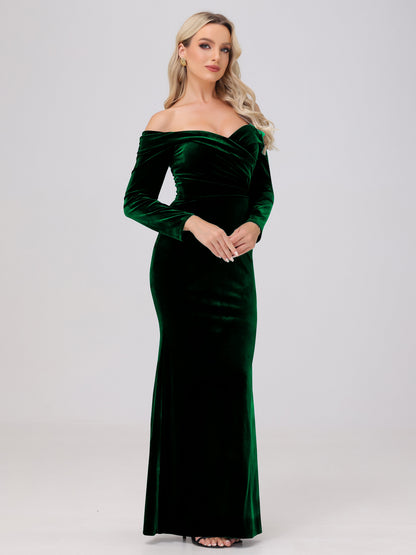 Off the Shoulder Sheath Long Sleeves Velvet Bridesmaid Dresses