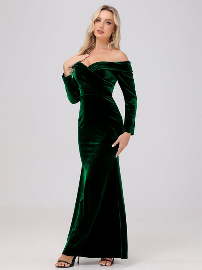 Off the Shoulder Sheath Long Sleeves Velvet Bridesmaid Dresses